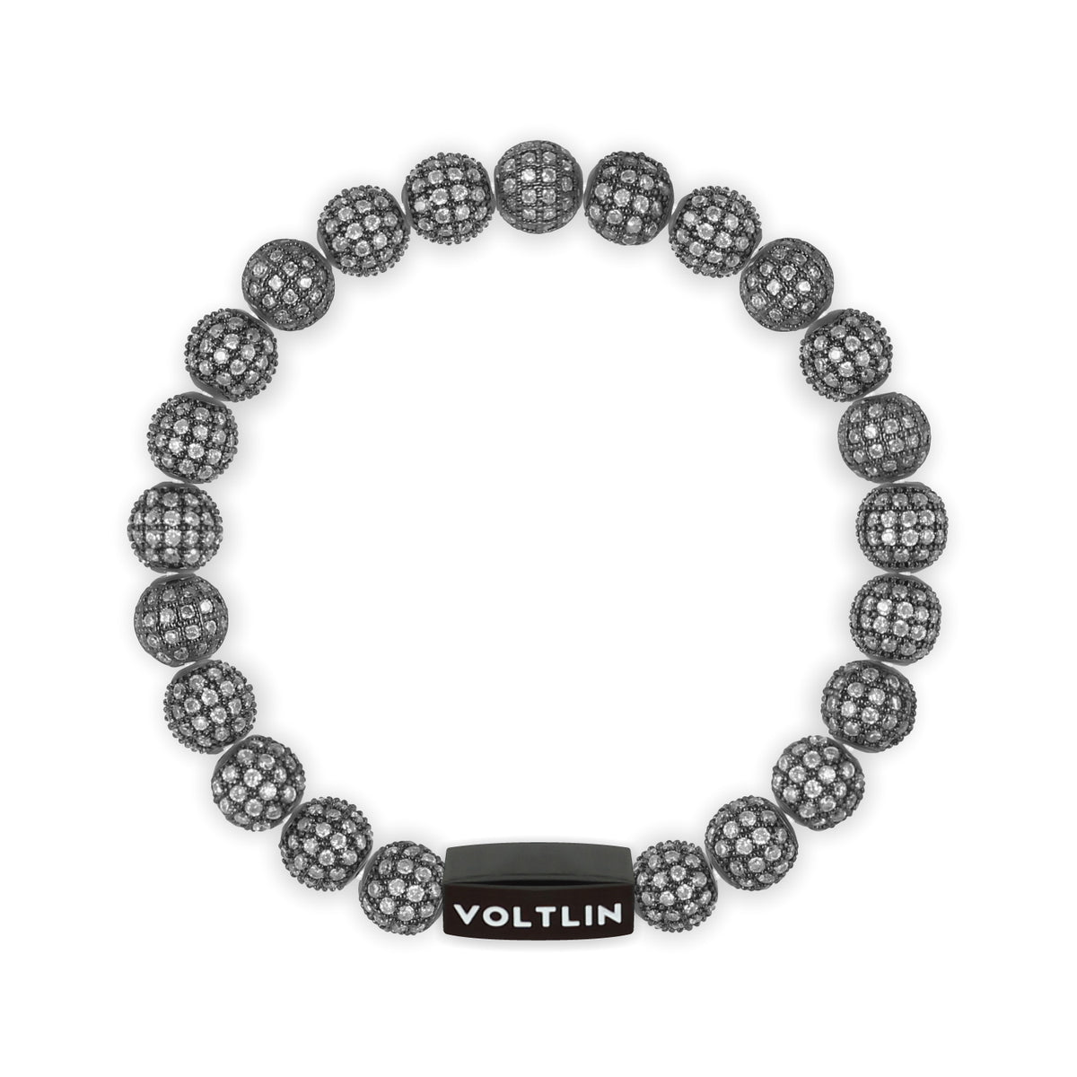 Top view of an 8mm Steel Pave crystal beaded stretch bracelet with black stainless steel logo bead made by Voltlin