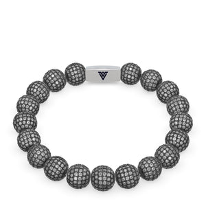 Front view of a 10mm Steel Pave beaded stretch bracelet with silver stainless steel logo bead made by Voltlin