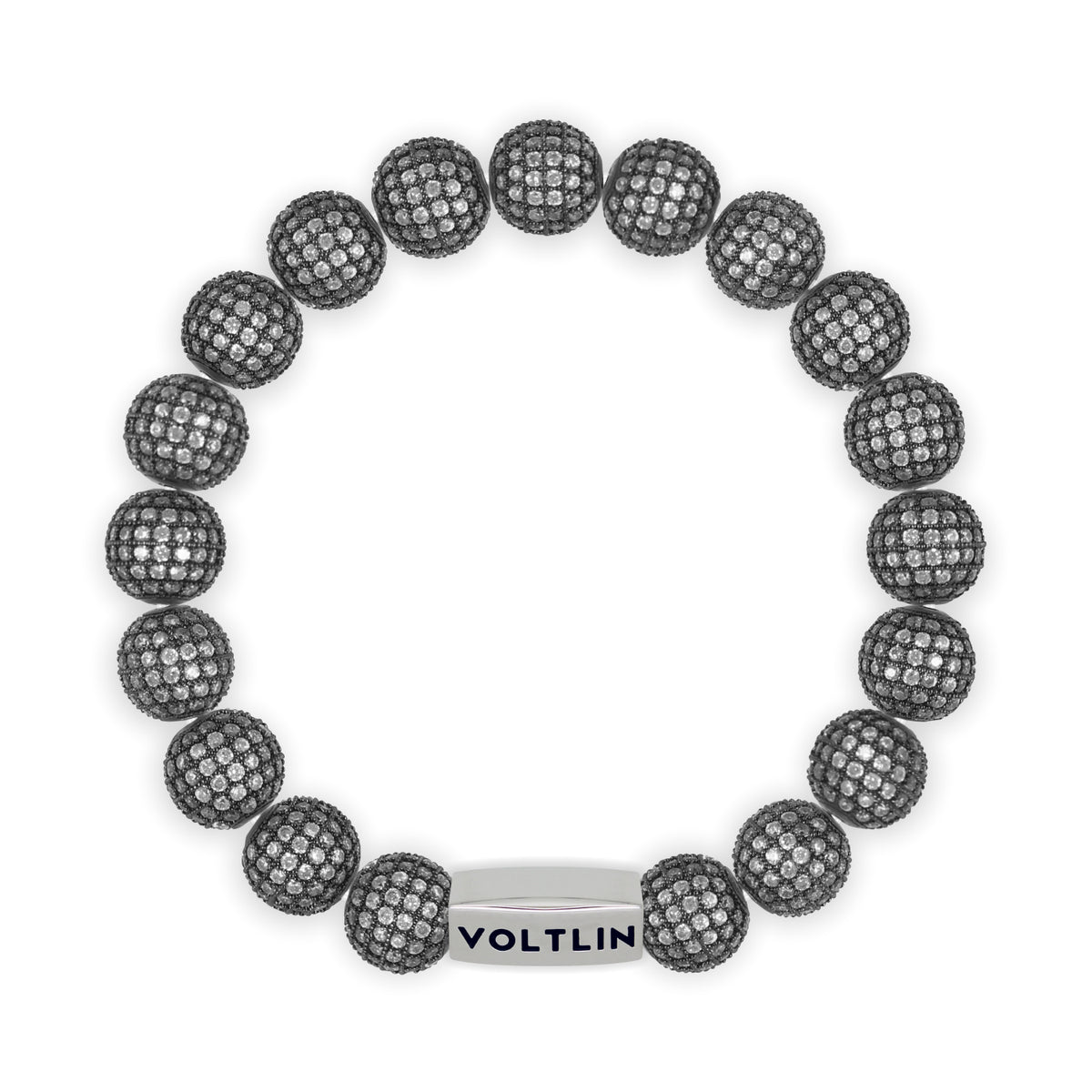 Top view of a 10mm Steel Pave beaded stretch bracelet with silver stainless steel logo bead made by Voltlin