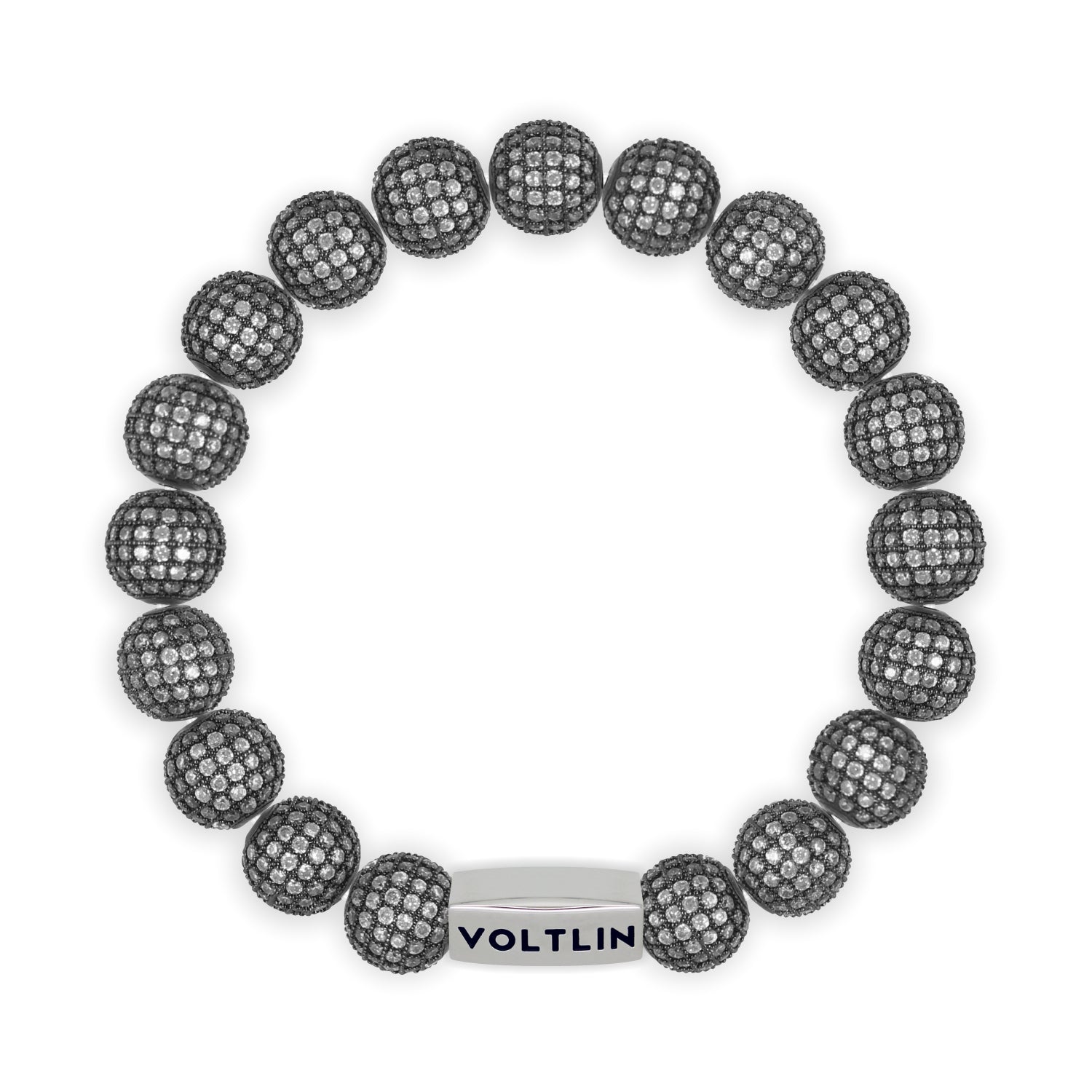 Top view of a 10mm Steel Pave beaded stretch bracelet with silver stainless steel logo bead made by Voltlin