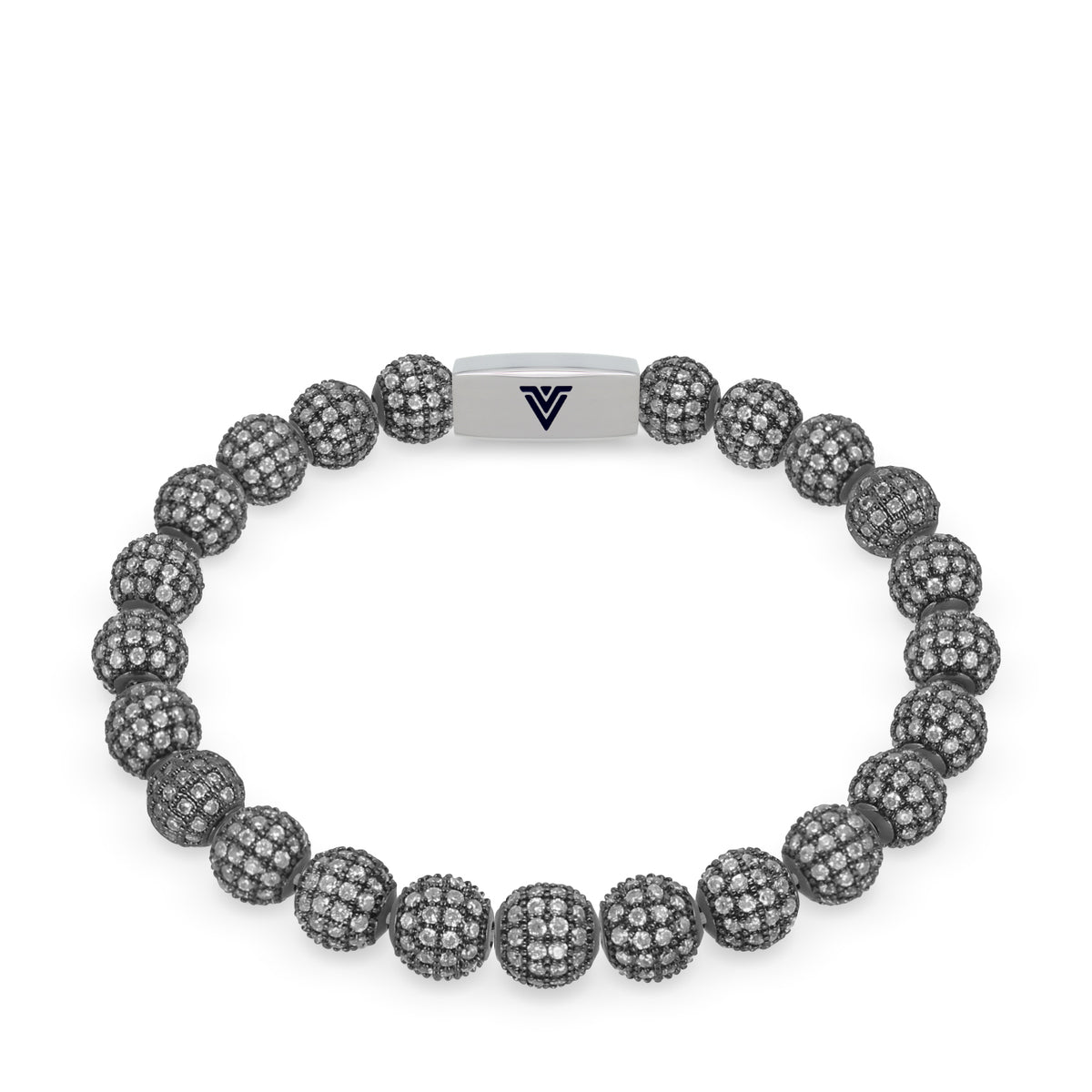 Front view of an 8mm Steel Pave beaded stretch bracelet with silver stainless steel logo bead made by Voltlin