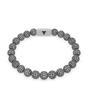 Front view of an 8mm Steel Pave beaded stretch bracelet with silver stainless steel logo bead made by Voltlin