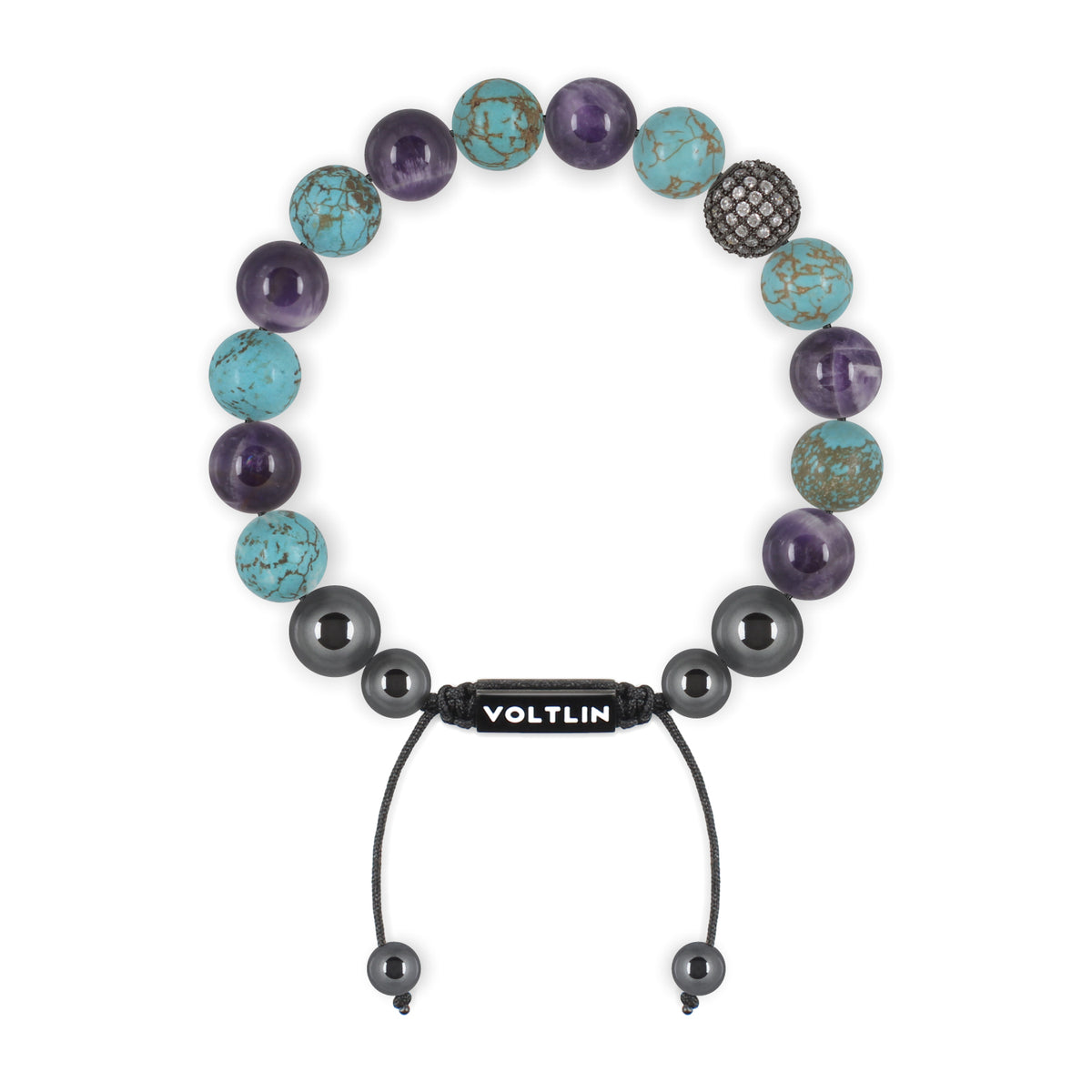 Top view of a 10mm Suicide Awareness crystal beaded shamballa bracelet with black stainless steel logo bead made by Voltlin