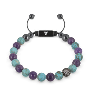 Front view of an 8mm Suicide Awareness crystal beaded shamballa bracelet with black stainless steel logo bead made by Voltlin