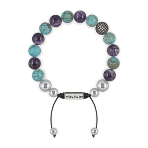 Top view of a 10mm Suicide Awareness beaded shamballa bracelet featuring Turquoise, Amethyst, & Steel Pave crystal and silver stainless steel logo bead made by Voltlin