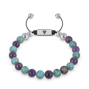 Front view of an 8mm Suicide Awareness beaded shamballa bracelet featuring Turquoise, Amethyst, & Steel Pave crystal and silver stainless steel logo bead made by Voltlin