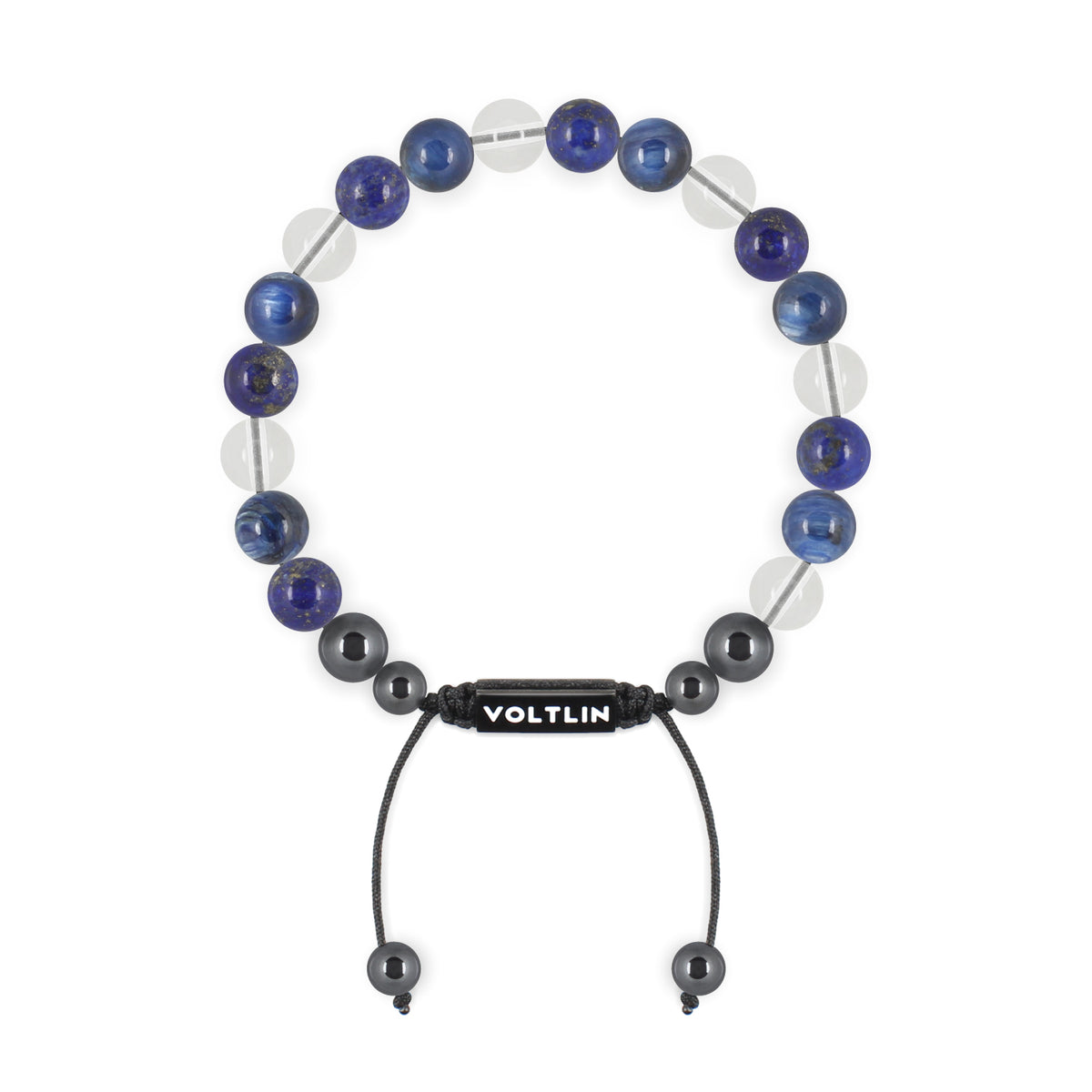 Top view of an 8mm Taurus Zodiac crystal beaded shamballa bracelet with black stainless steel logo bead made by Voltlin