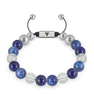 Front view of a 10mm Taurus Zodiac beaded shamballa bracelet featuring Lapis Lazuli, Kyanite, & Quartz crystal and silver stainless steel logo bead made by Voltlin