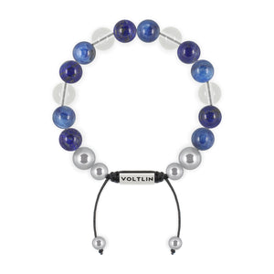 Top view of a 10mm Taurus Zodiac beaded shamballa bracelet featuring Lapis Lazuli, Kyanite, & Quartz crystal and silver stainless steel logo bead made by Voltlin