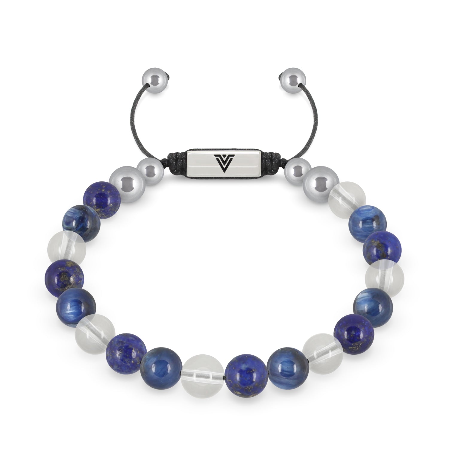 Front view of an 8mm Taurus Zodiac beaded shamballa bracelet featuring Lapis Lazuli, Kyanite, & Quartz crystal and silver stainless steel logo bead made by Voltlin