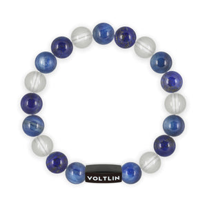 Top view of a 10mm Taurus Zodiac crystal beaded stretch bracelet with black stainless steel logo bead made by Voltlin