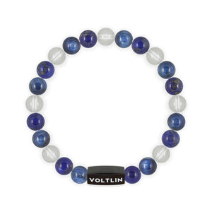 Top view of an 8mm Taurus Zodiac crystal beaded stretch bracelet with black stainless steel logo bead made by Voltlin