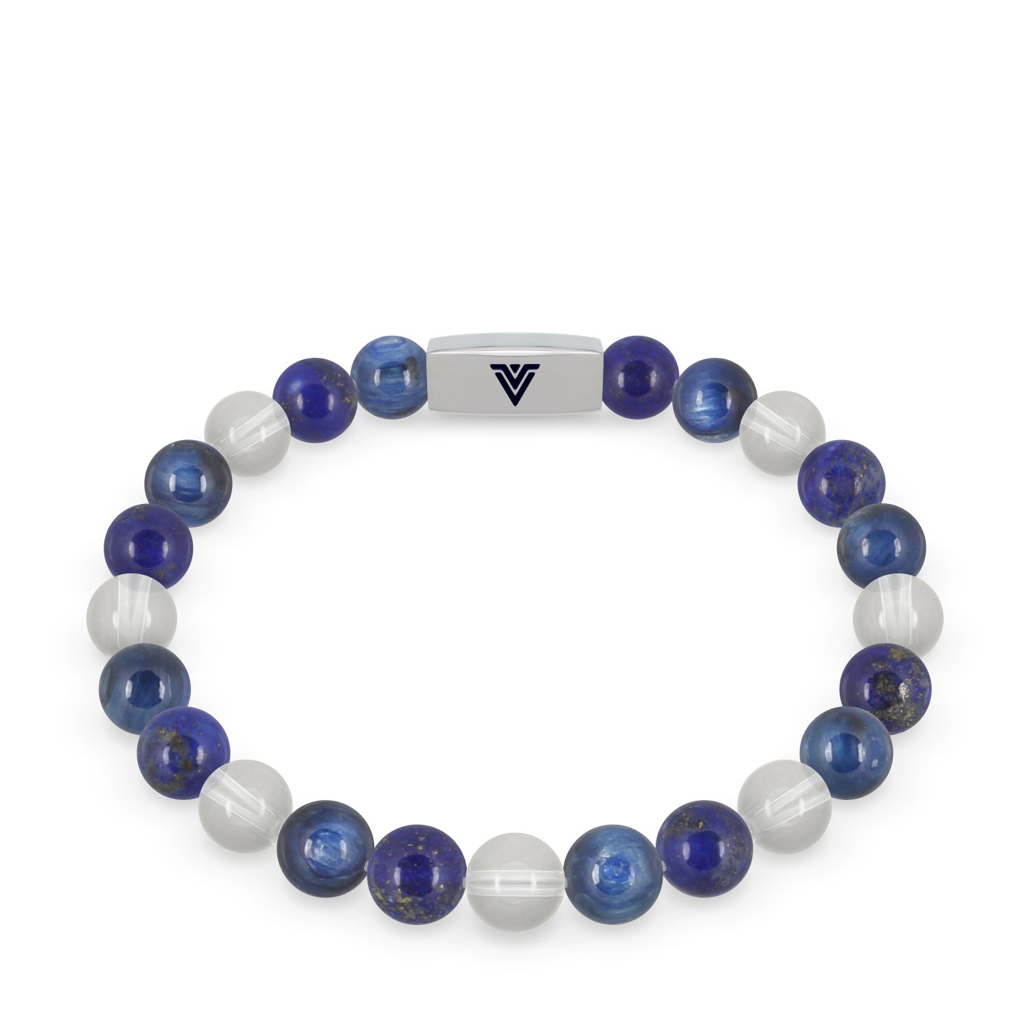 Front view of an 8mm Taurus Zodiac beaded stretch bracelet featuring Lapis Lazuli, Kyanite, & Quartz crystal and silver stainless steel logo bead made by Voltlin