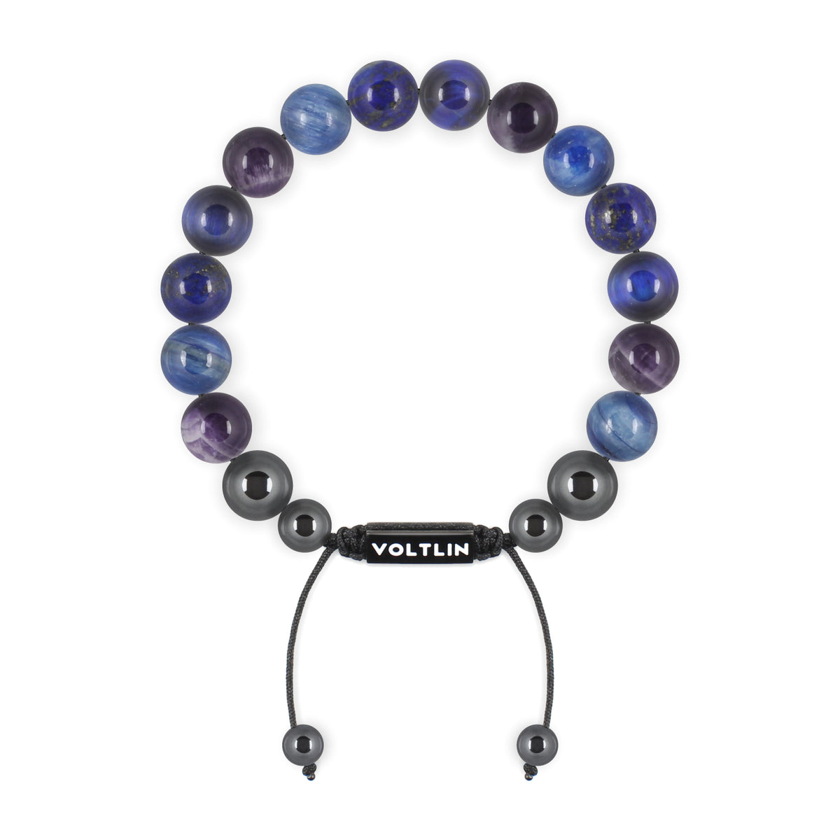 Top view of a 10mm Third Eye Chakra crystal beaded shamballa bracelet with black stainless steel logo bead made by Voltlin