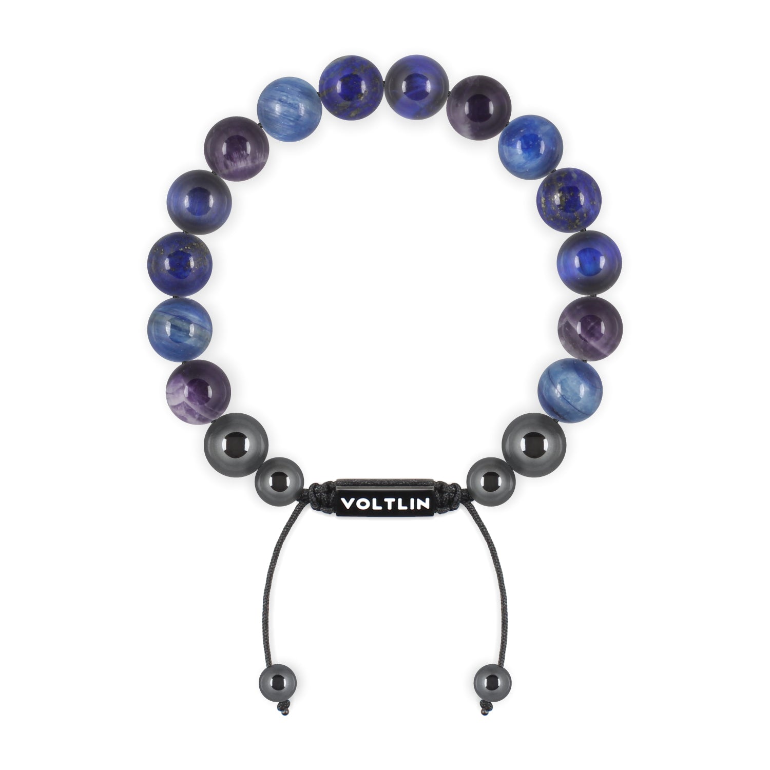Top view of a 10mm Third Eye Chakra crystal beaded shamballa bracelet with black stainless steel logo bead made by Voltlin