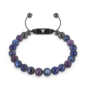 Front view of an 8mm Third Eye Chakra crystal beaded shamballa bracelet with black stainless steel logo bead made by Voltlin