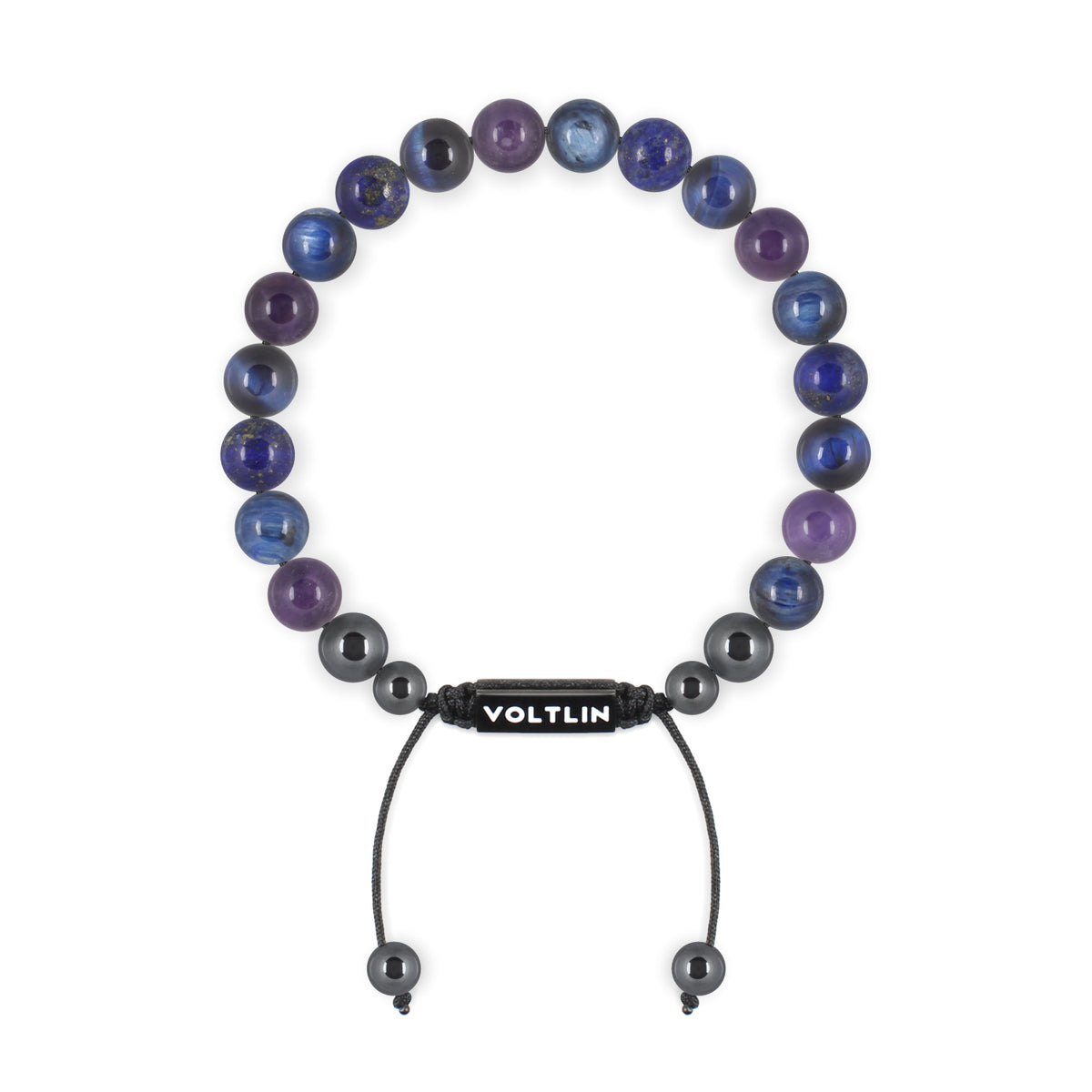 Top view of an 8mm Third Eye Chakra crystal beaded shamballa bracelet with black stainless steel logo bead made by Voltlin