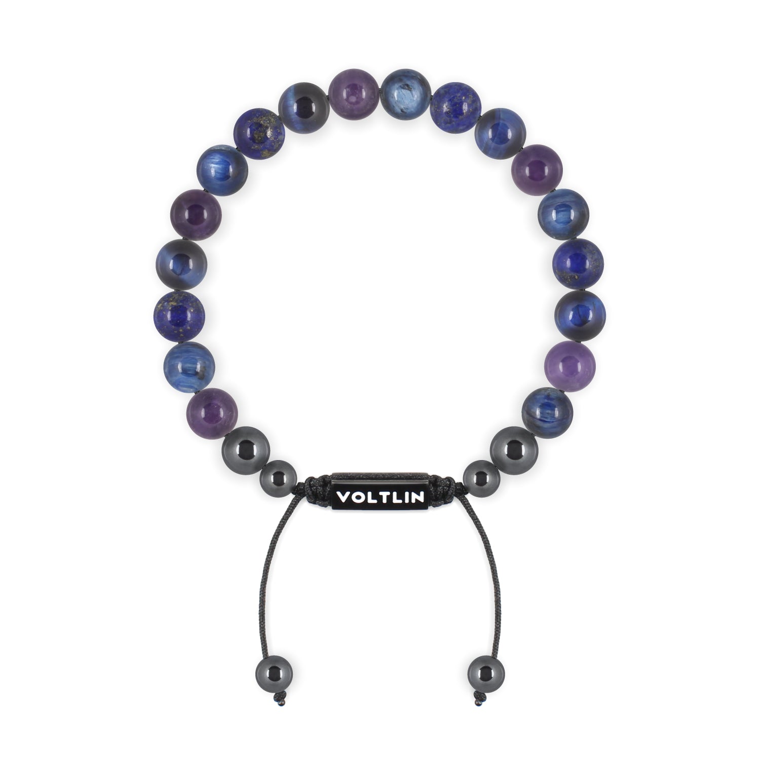 Front view of an 8mm Third Eye Chakra crystal beaded shamballa bracelet with black stainless steel logo bead made by Voltlin