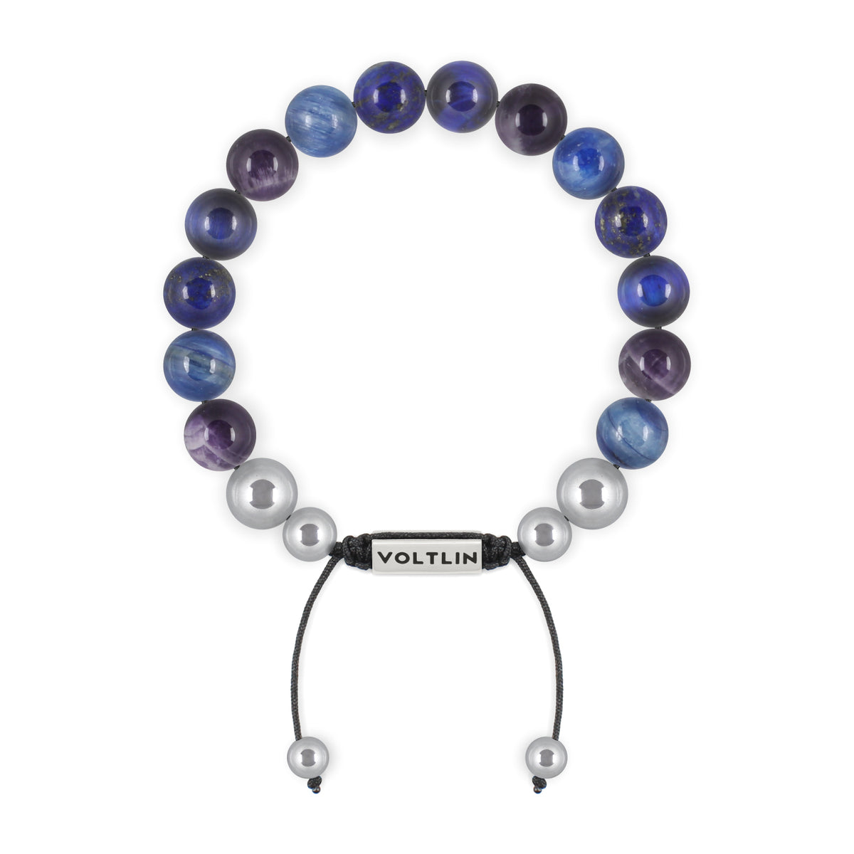 Top view of a 10mm Third Eye Chakra beaded shamballa bracelet featuring Amethyst, Kyanite, Lapis Lazuli, & Blue Tiger's Eye crystal and silver stainless steel logo bead made by Voltlin