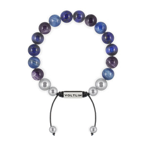 Top view of a 10mm Third Eye Chakra beaded shamballa bracelet featuring Amethyst, Kyanite, Lapis Lazuli, & Blue Tiger's Eye crystal and silver stainless steel logo bead made by Voltlin