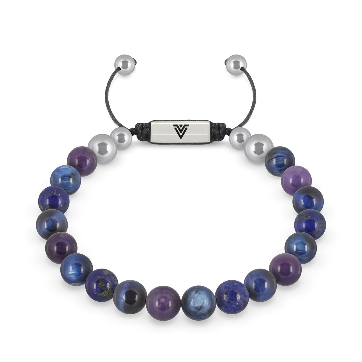Front view of an 8mm Third Eye Chakra beaded shamballa bracelet featuring Amethyst, Kyanite, Lapis Lazuli, & Blue Tiger's Eye crystal and silver stainless steel logo bead made by Voltlin