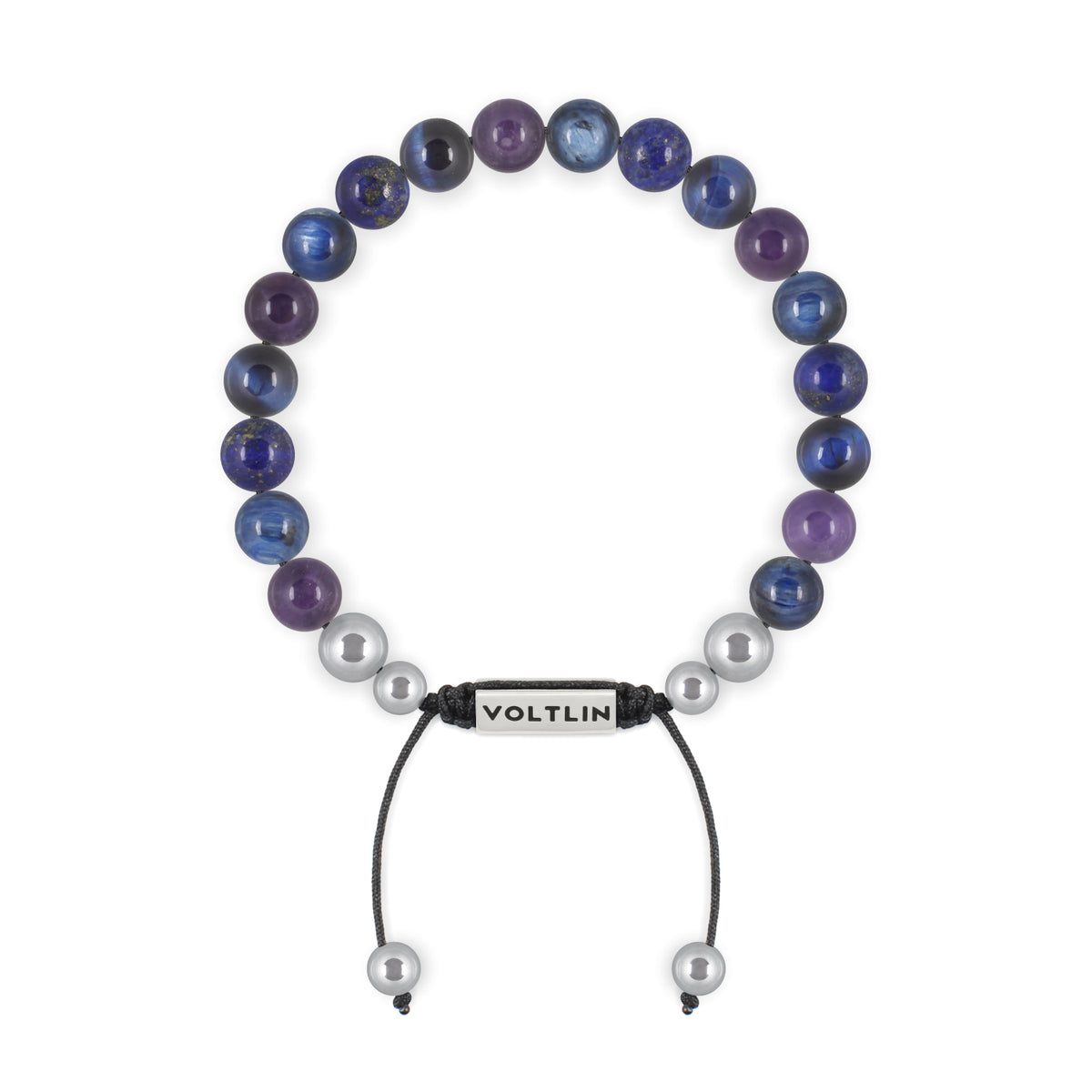 Top view of an 8mm Third Eye Chakra beaded shamballa bracelet featuring Amethyst, Kyanite, Lapis Lazuli, & Blue Tiger's Eye crystal and silver stainless steel logo bead made by Voltlin