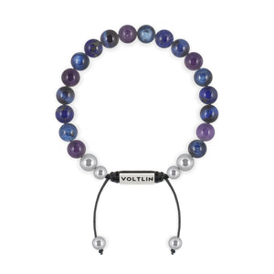 Top view of an 8mm Third Eye Chakra beaded shamballa bracelet featuring Amethyst, Kyanite, Lapis Lazuli, & Blue Tiger's Eye crystal and silver stainless steel logo bead made by Voltlin