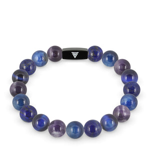 Front view of a 10mm Third Eye Chakra crystal beaded stretch bracelet with black stainless steel logo bead made by Voltlin
