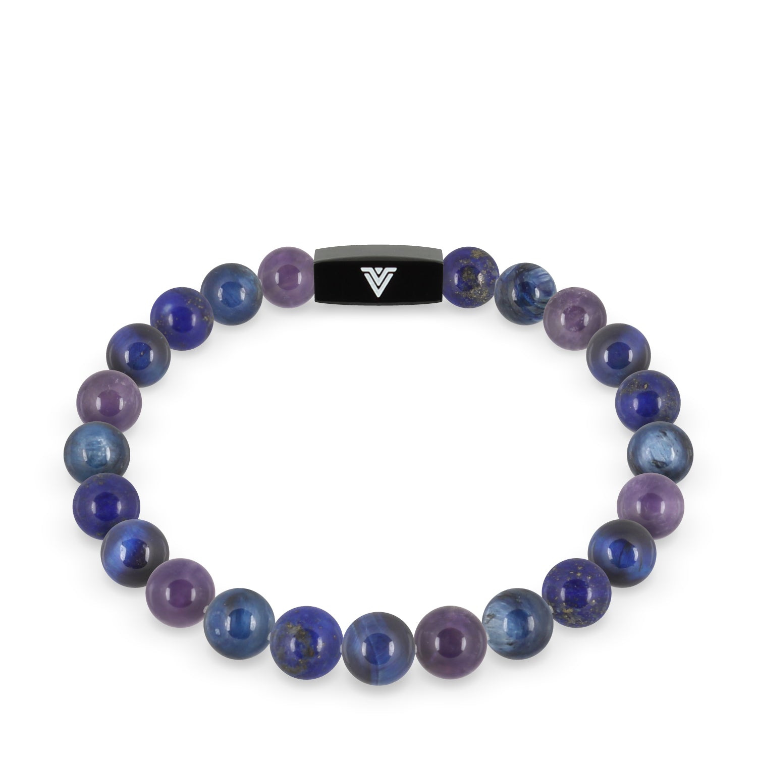 Front view of an 8mm Third Eye Chakra crystal beaded stretch bracelet with black stainless steel logo bead made by Voltlin