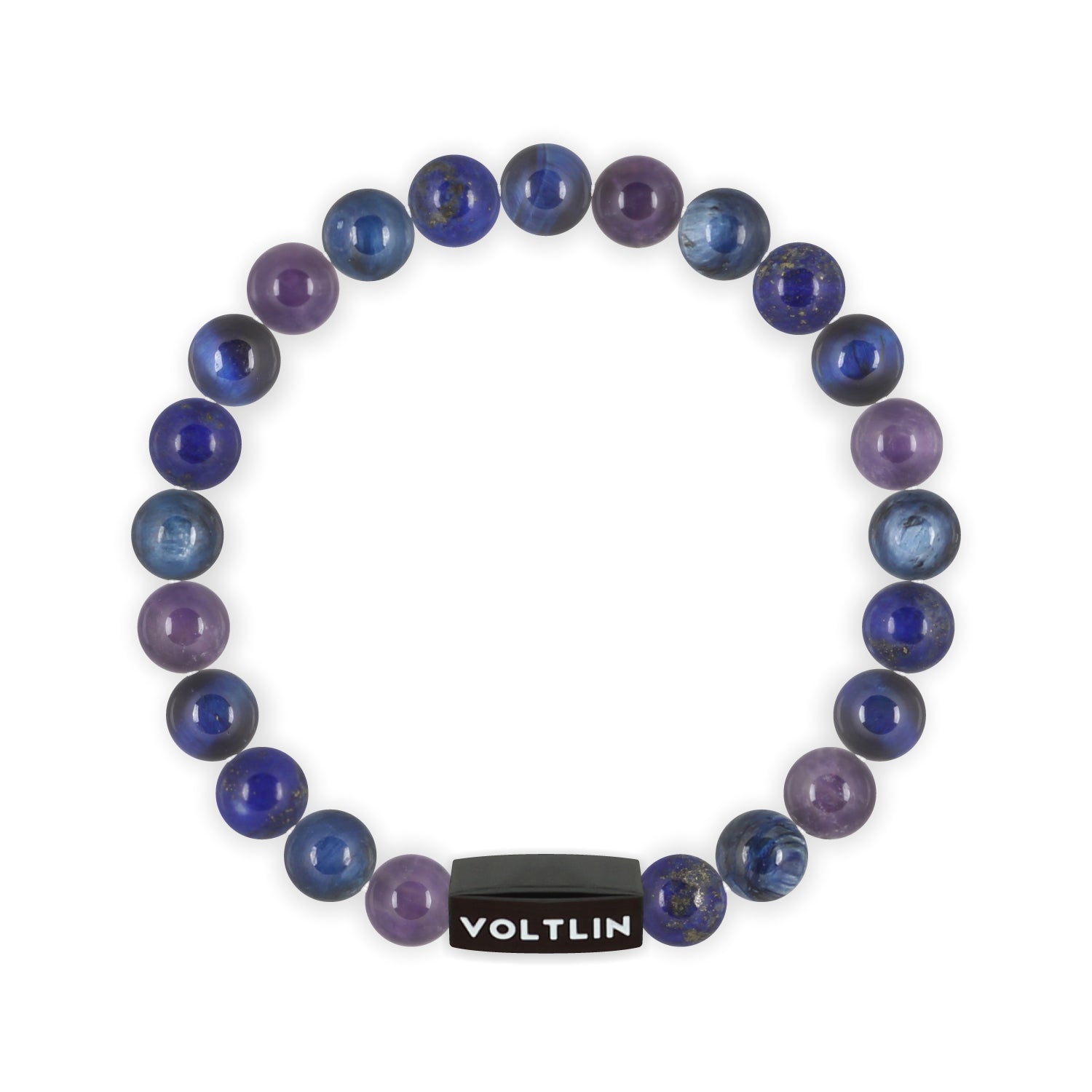 Front view of an 8mm Third Eye Chakra crystal beaded stretch bracelet with black stainless steel logo bead made by Voltlin