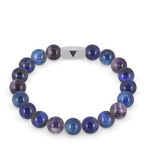 Front view of a 10mm Third Eye Chakra beaded stretch bracelet featuring Amethyst, Kyanite, Lapis Lazuli, & Blue Tiger's Eye crystal and silver stainless steel logo bead made by Voltlin