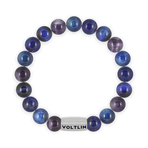 Top view of a 10mm Third Eye Chakra beaded stretch bracelet featuring Amethyst, Kyanite, Lapis Lazuli, & Blue Tiger's Eye crystal and silver stainless steel logo bead made by Voltlin