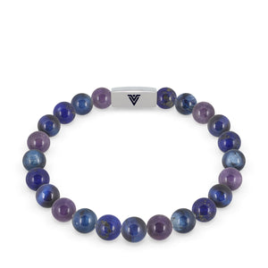 Front view of an 8mm Third Eye Chakra beaded stretch bracelet featuring Amethyst, Kyanite, Lapis Lazuli, & Blue Tiger's Eye crystal and silver stainless steel logo bead made by Voltlin