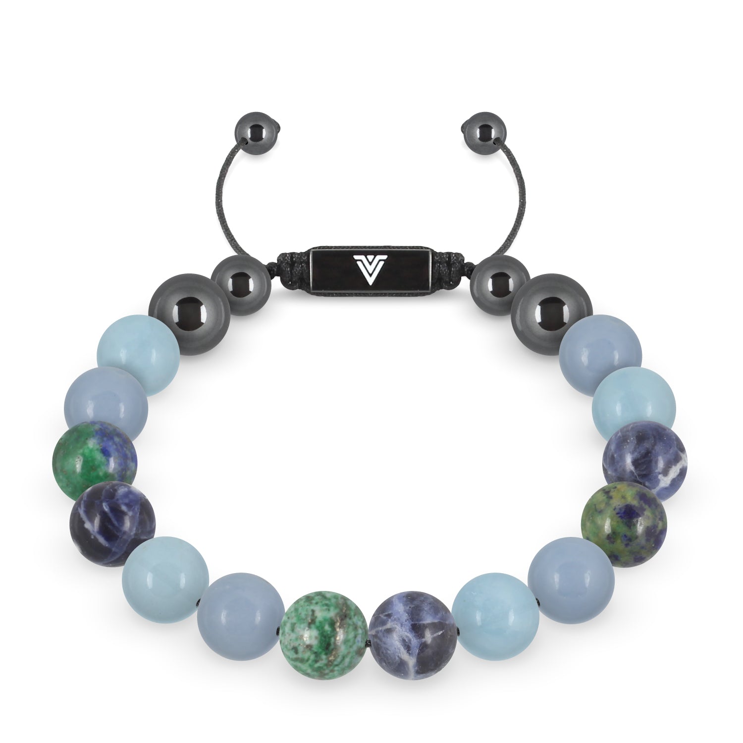 Front view of a 10mm Throat Chakra crystal beaded shamballa bracelet with black stainless steel logo bead made by Voltlin