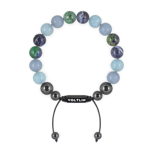 Top view of a 10mm Throat Chakra crystal beaded shamballa bracelet with black stainless steel logo bead made by Voltlin