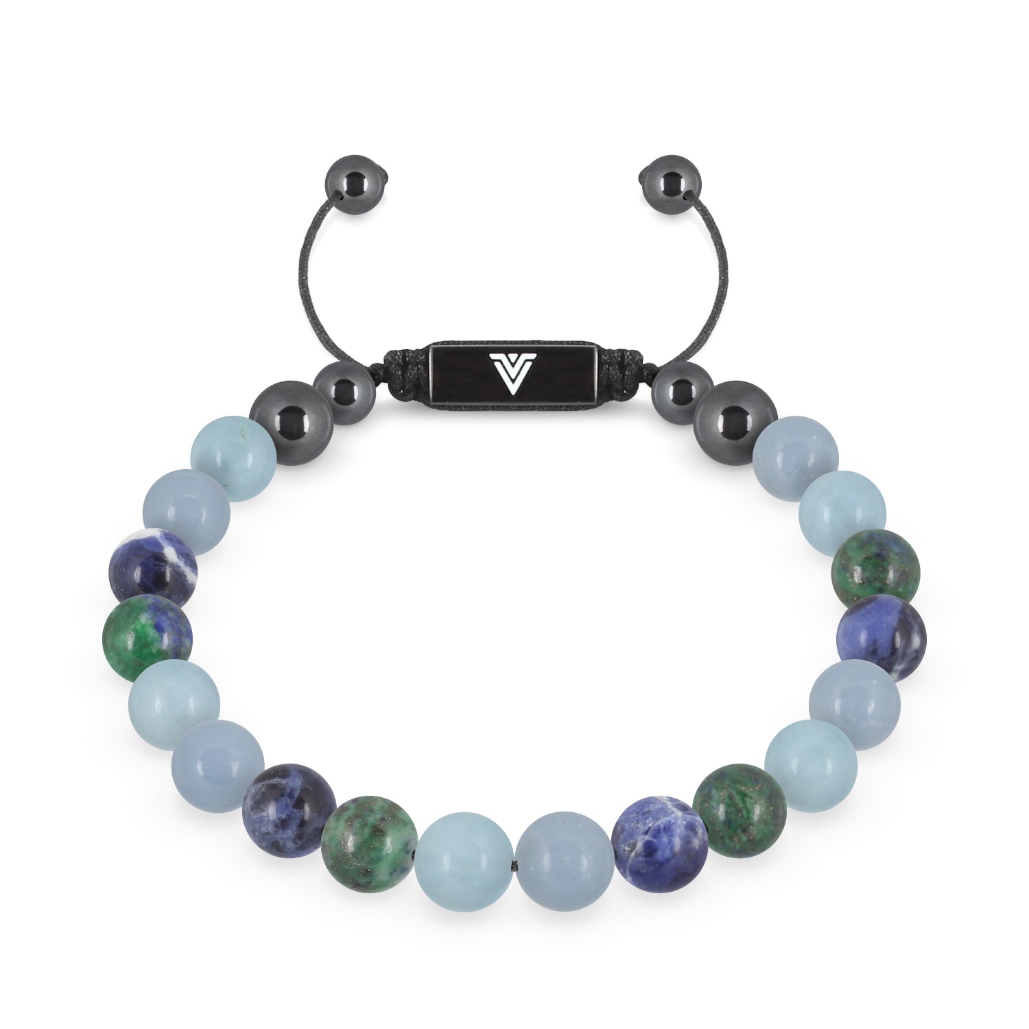 Front view of an 8mm Throat Chakra crystal beaded shamballa bracelet with black stainless steel logo bead made by Voltlin
