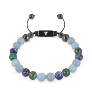 Front view of an 8mm Throat Chakra crystal beaded shamballa bracelet with black stainless steel logo bead made by Voltlin