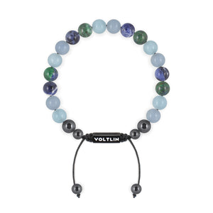 Top view of an 8mm Throat Chakra crystal beaded shamballa bracelet with black stainless steel logo bead made by Voltlin