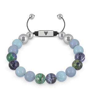 Front view of a 10mm Throat Chakra beaded shamballa bracelet featuring Aquamarine, Angelite, Azurite, & Sodalite crystal and silver stainless steel logo bead made by Voltlin