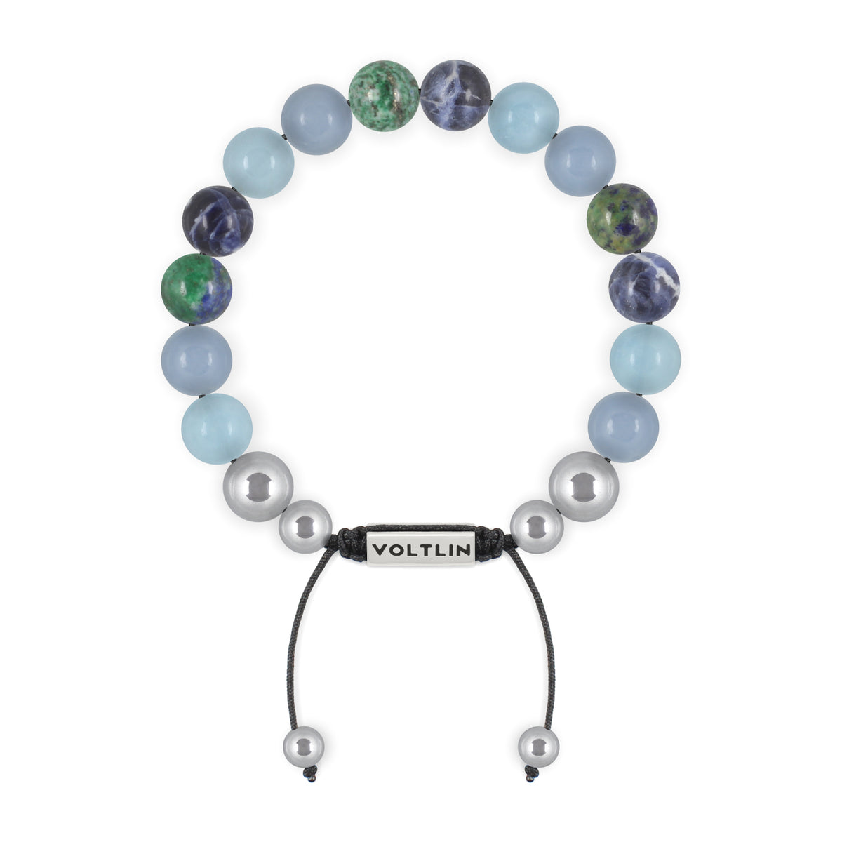 Top view of a 10mm Throat Chakra beaded shamballa bracelet featuring Aquamarine, Angelite, Azurite, & Sodalite crystal and silver stainless steel logo bead made by Voltlin
