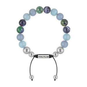 Top view of a 10mm Throat Chakra beaded shamballa bracelet featuring Aquamarine, Angelite, Azurite, & Sodalite crystal and silver stainless steel logo bead made by Voltlin