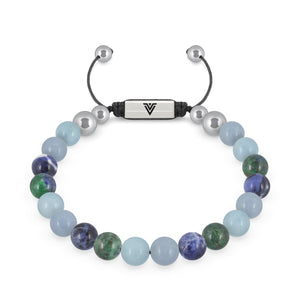 Front view of an 8mm Throat Chakra beaded shamballa bracelet featuring Aquamarine, Angelite, Azurite, & Sodalite crystal and silver stainless steel logo bead made by Voltlin
