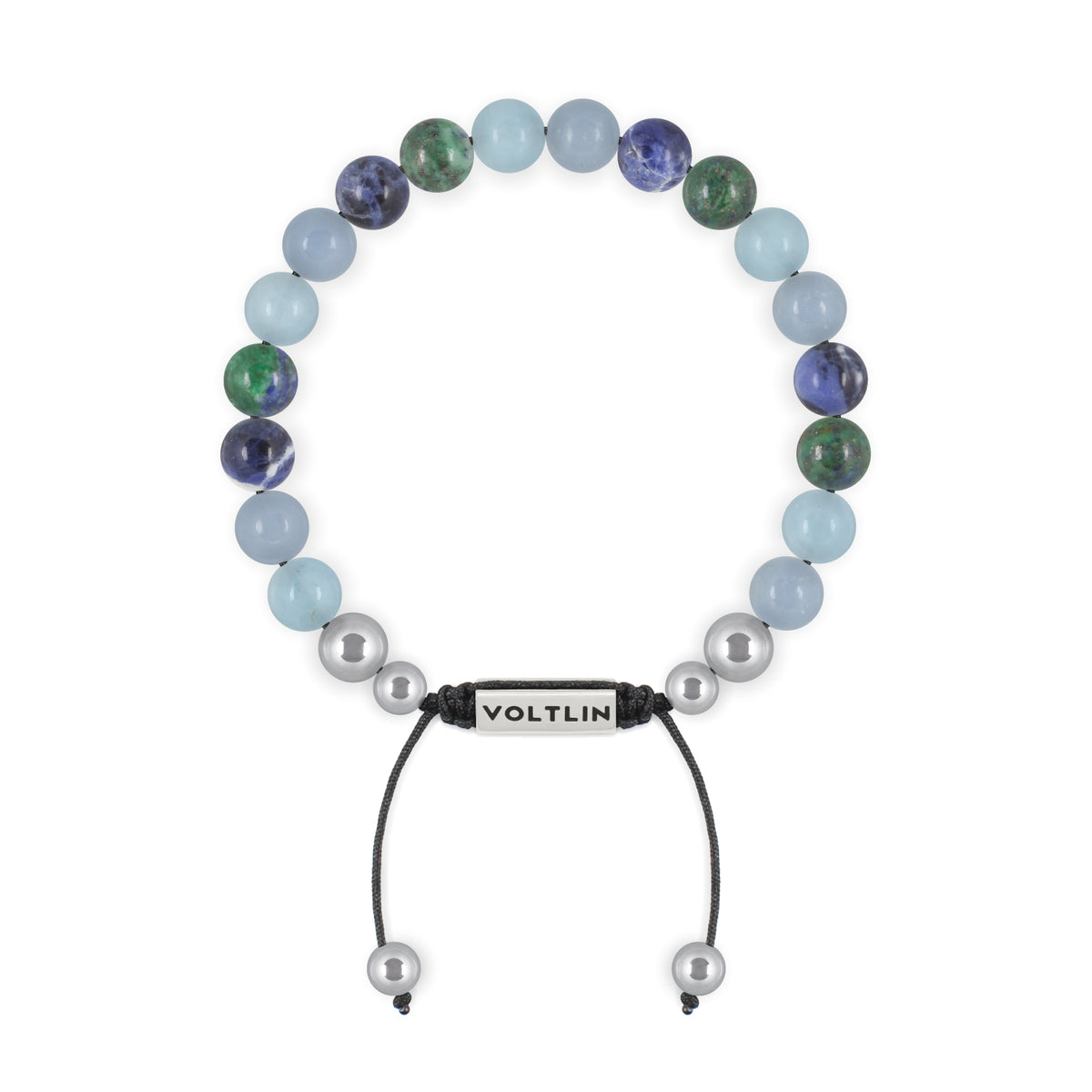Top view of an 8mm Throat Chakra beaded shamballa bracelet featuring Aquamarine, Angelite, Azurite, & Sodalite crystal and silver stainless steel logo bead made by Voltlin