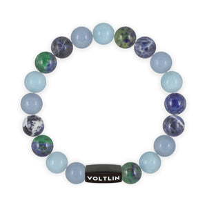 Top view of a 10mm Throat Chakra crystal beaded stretch bracelet with black stainless steel logo bead made by Voltlin