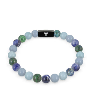 Front view of an 8mm Throat Chakra crystal beaded stretch bracelet with black stainless steel logo bead made by Voltlin
