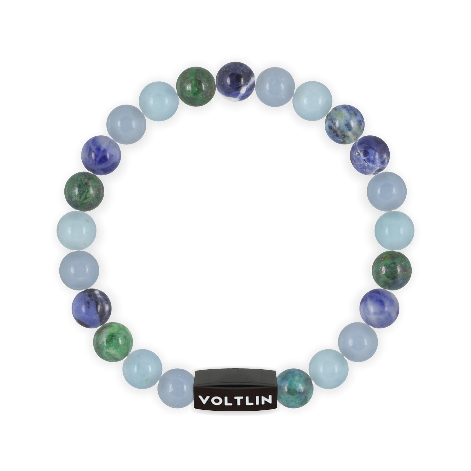 Top view of an 8mm Throat Chakra crystal beaded stretch bracelet with black stainless steel logo bead made by Voltlin