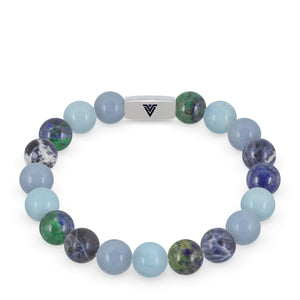 Front view of a 10mm Throat Chakra beaded stretch bracelet featuring Angelite, Aquamarine, Azurite, & Sodalite crystal and silver stainless steel logo bead made by Voltlin