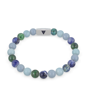 Front view of an 8mm Throat Chakra beaded stretch bracelet featuring Angelite, Aquamarine, Azurite, & Sodalite crystal and silver stainless steel logo bead made by Voltlin