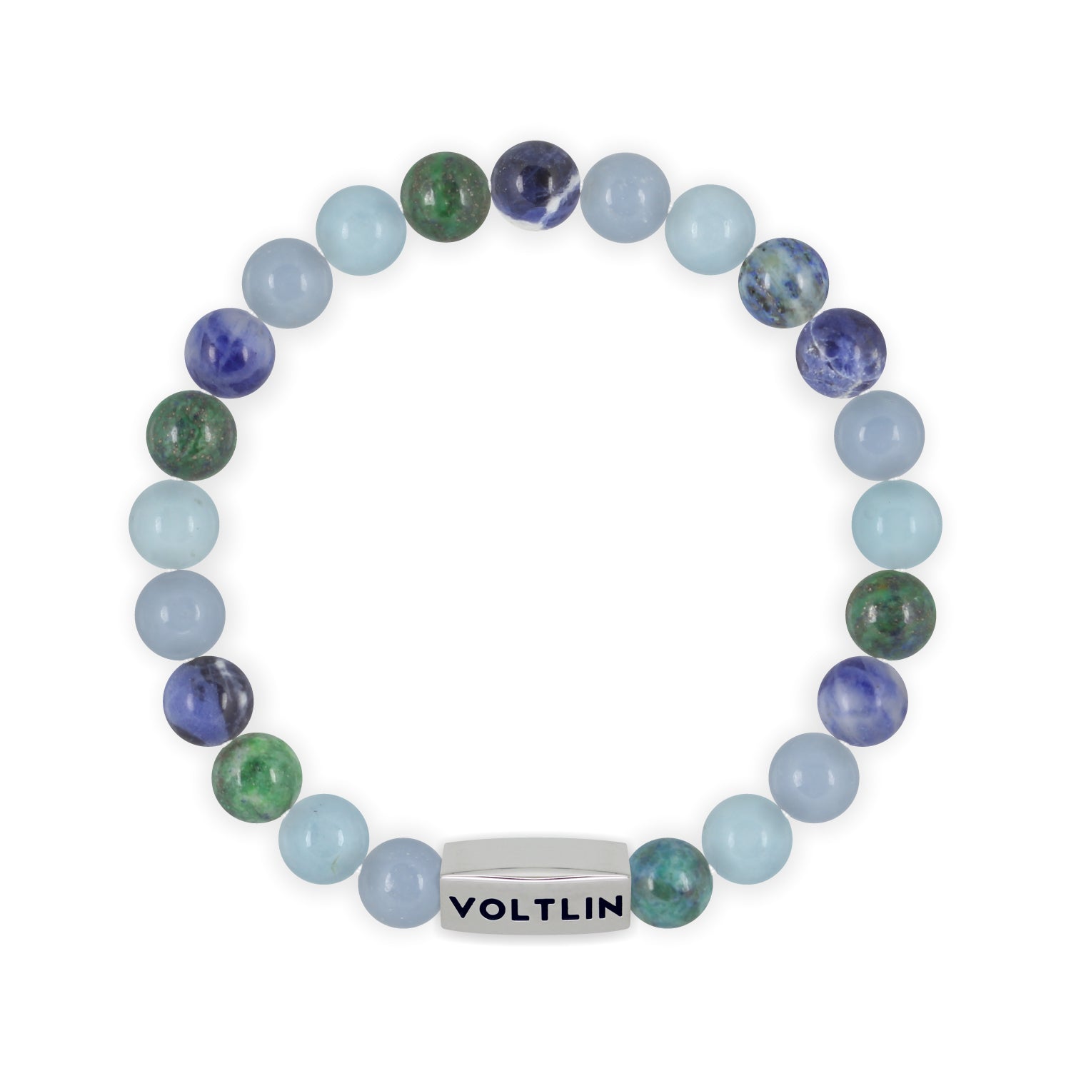 Front view of an 8mm Throat Chakra beaded stretch bracelet featuring Angelite, Aquamarine, Azurite, & Sodalite crystal and silver stainless steel logo bead made by Voltlin