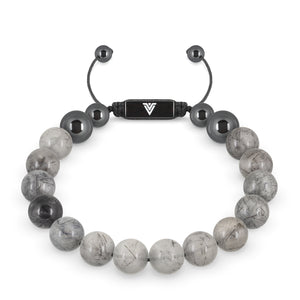 Front view of a 10mm Tourmalinated Quartz crystal beaded shamballa bracelet with black stainless steel logo bead made by Voltlin
